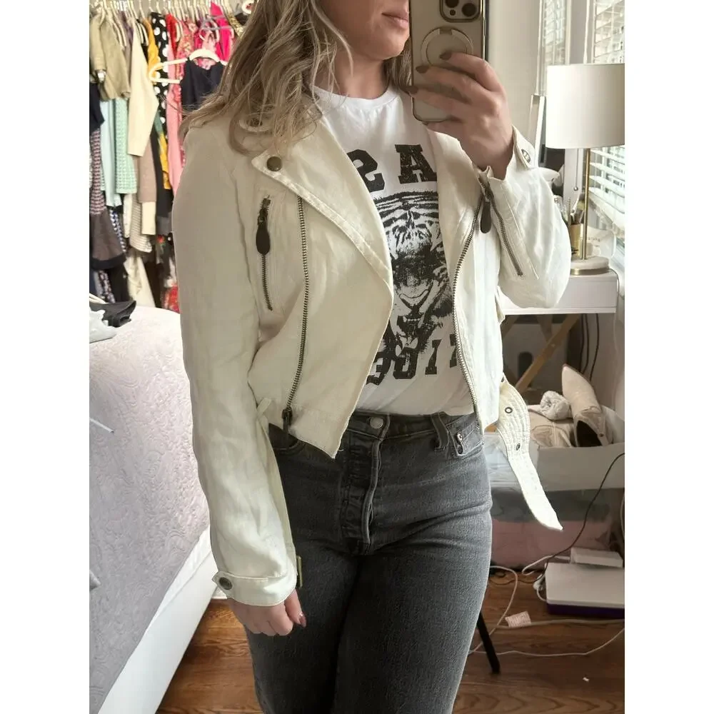 Burberry Brit Patchford Parchment Linen Moto Biker Full Zip Belted Jacket Size 4 - Picture 4 of 14